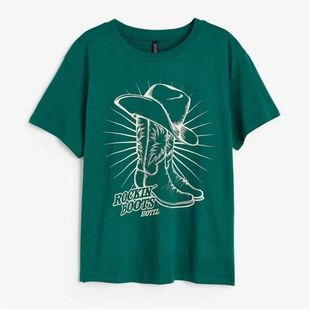 H&M western tee short sleeve tshirt cowboy boots hat green top